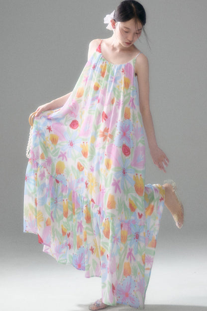 Hand-Painted Watercolor Flower Print Strap Dress