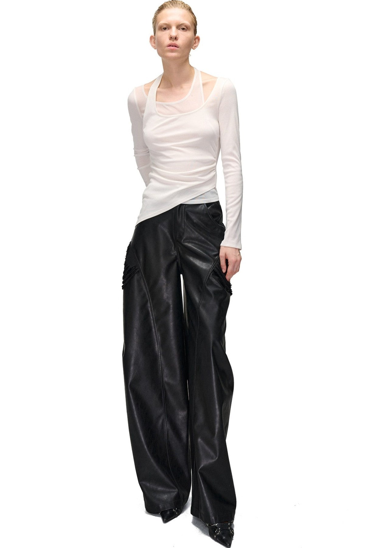 Layered-Look Spliced Halter Long-Sleeve T-Shirt