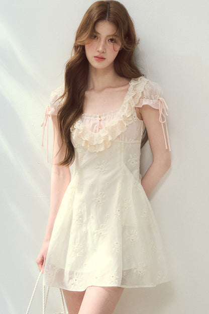 Rose Embroidered Square Neck Long Dress