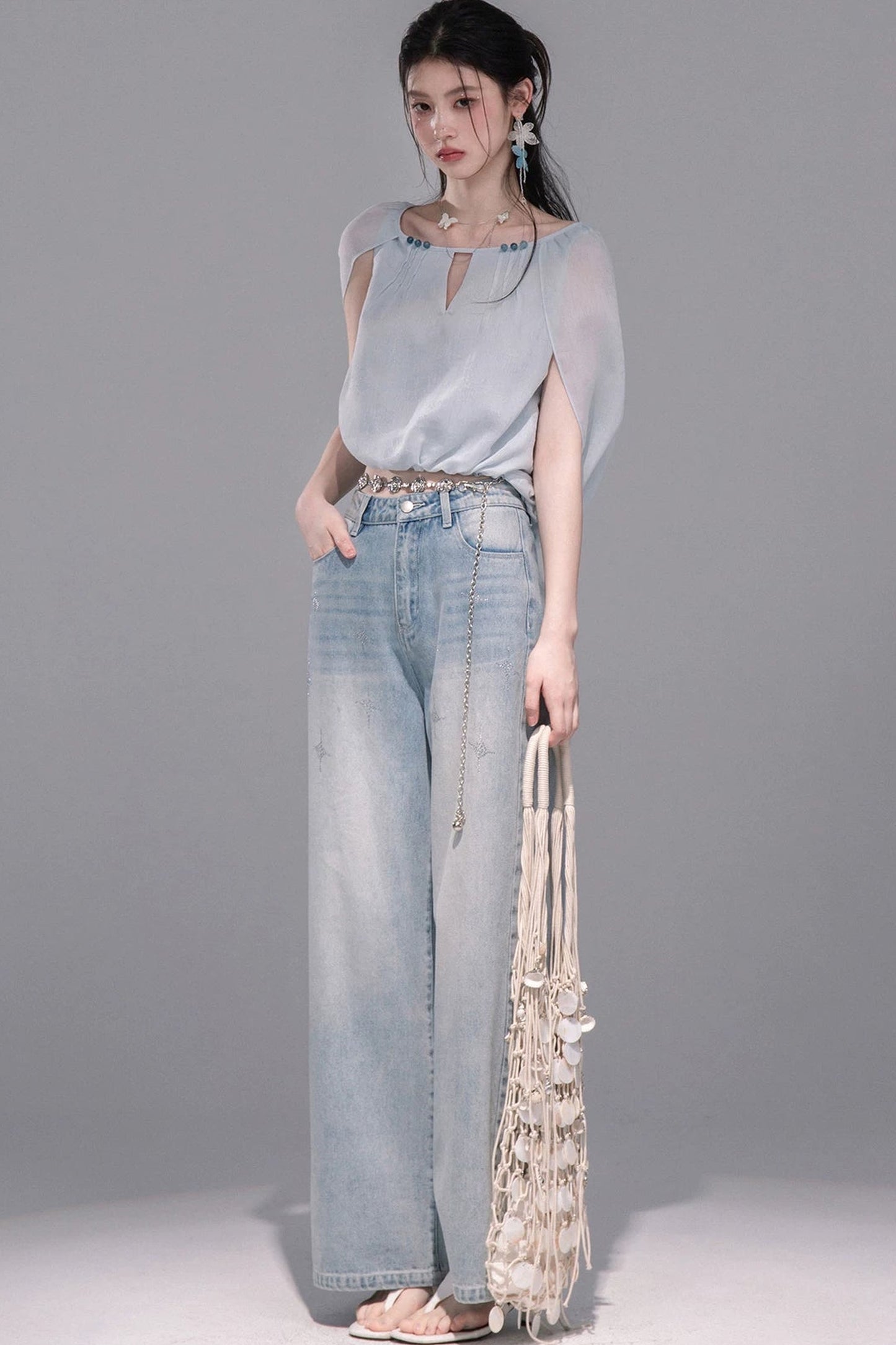 Elegant Ice Blue Linen Cape Set