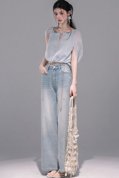 Elegant Ice Blue Linen Cape Set