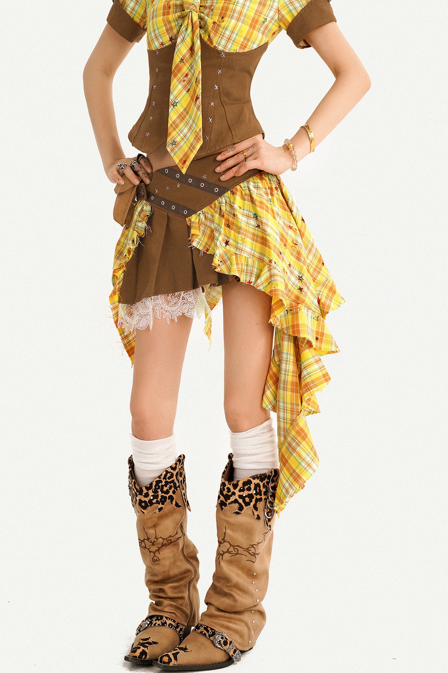 Retro Plaid Shirt and Pleated Skirt Set