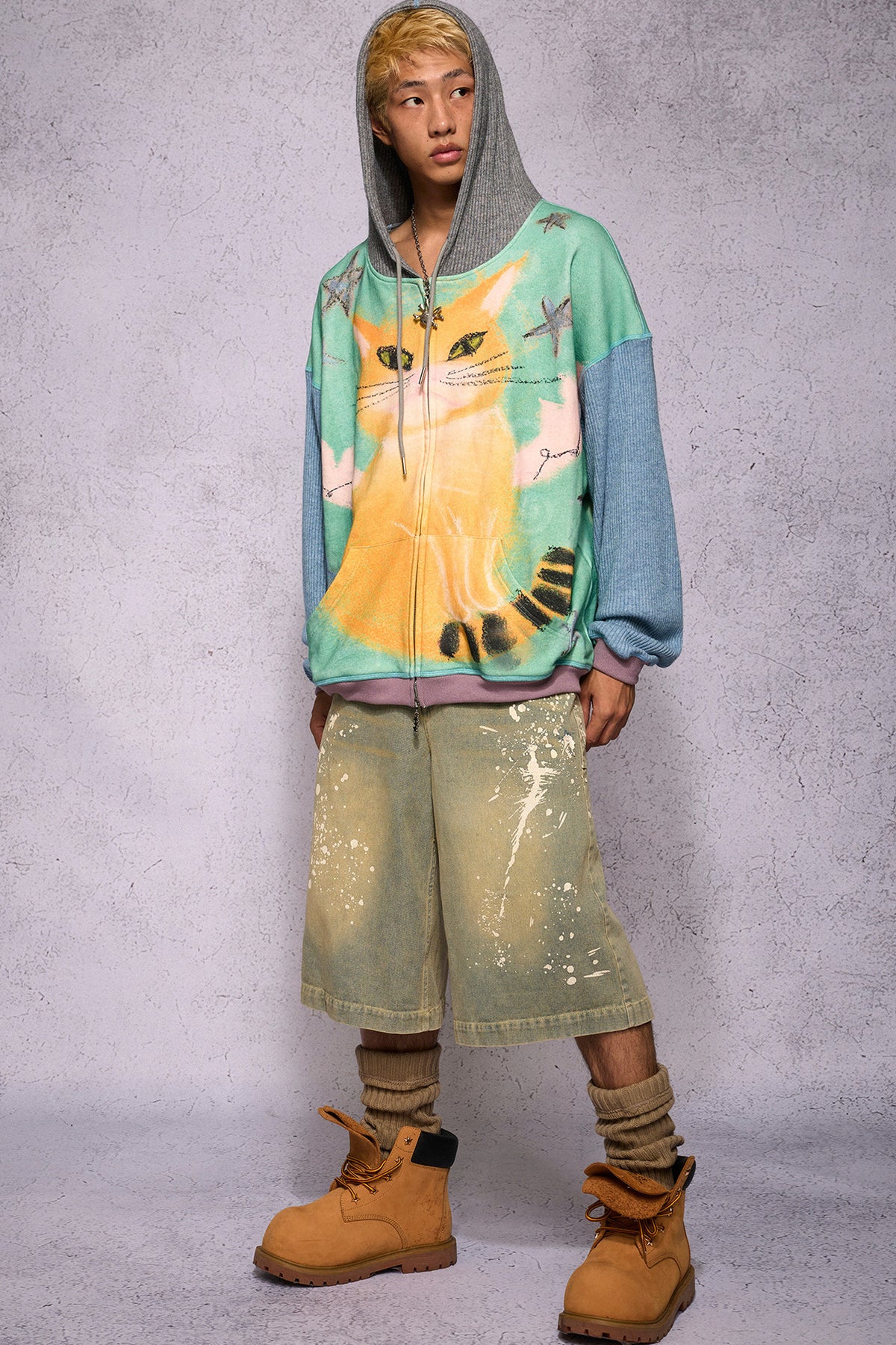 Cat Print Patchwork Sweatshirt Jacket