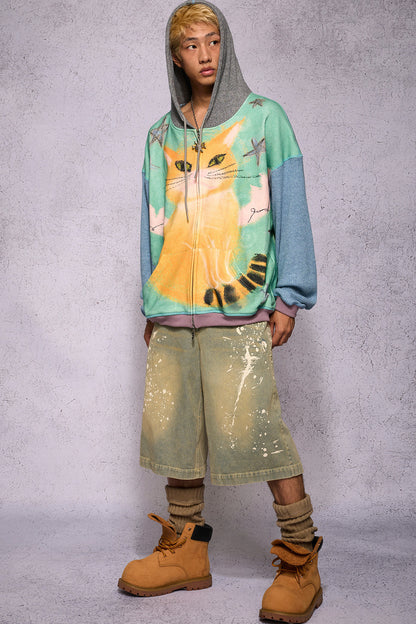 Cat Print Patchwork Sweatshirt Jacket