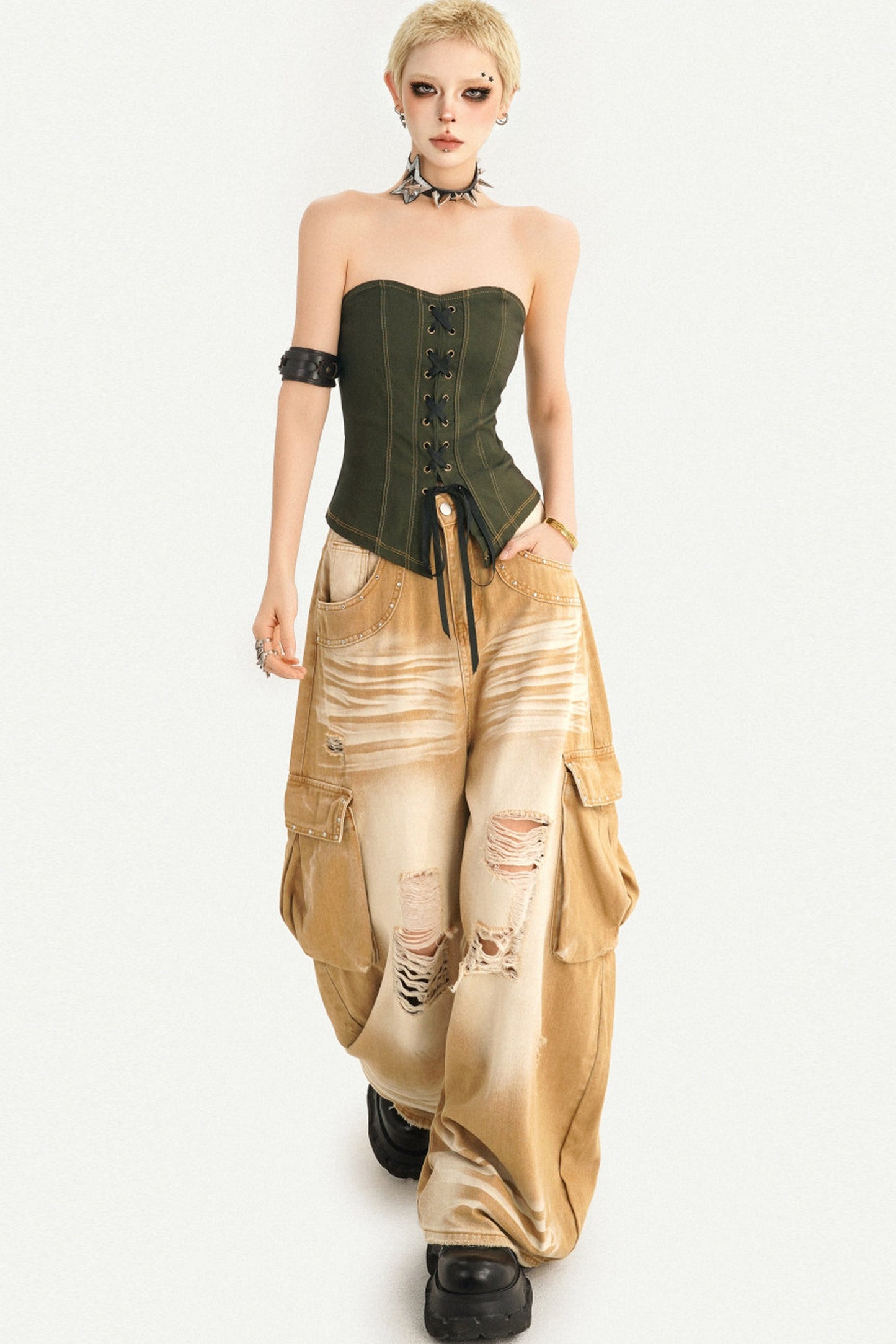 High-Waisted Ripped Workwear Jeans