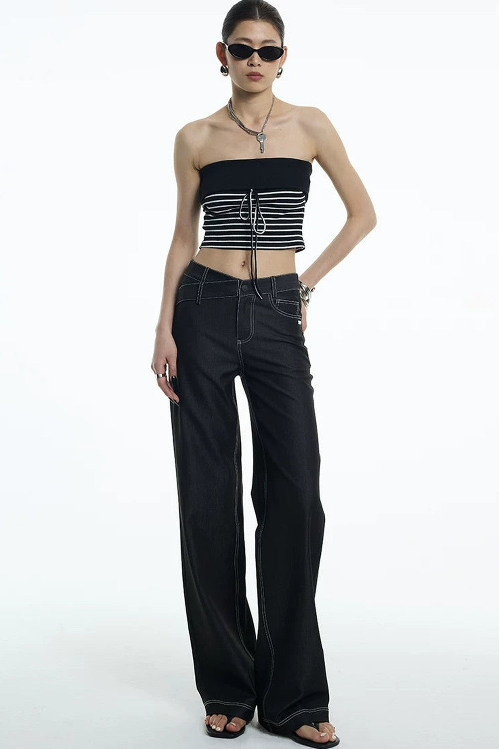 Black White Striped Ribbed Bandeau