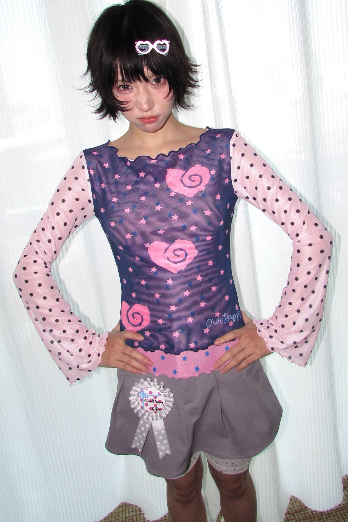 Polka Dot Bell Sleeve Mesh Top