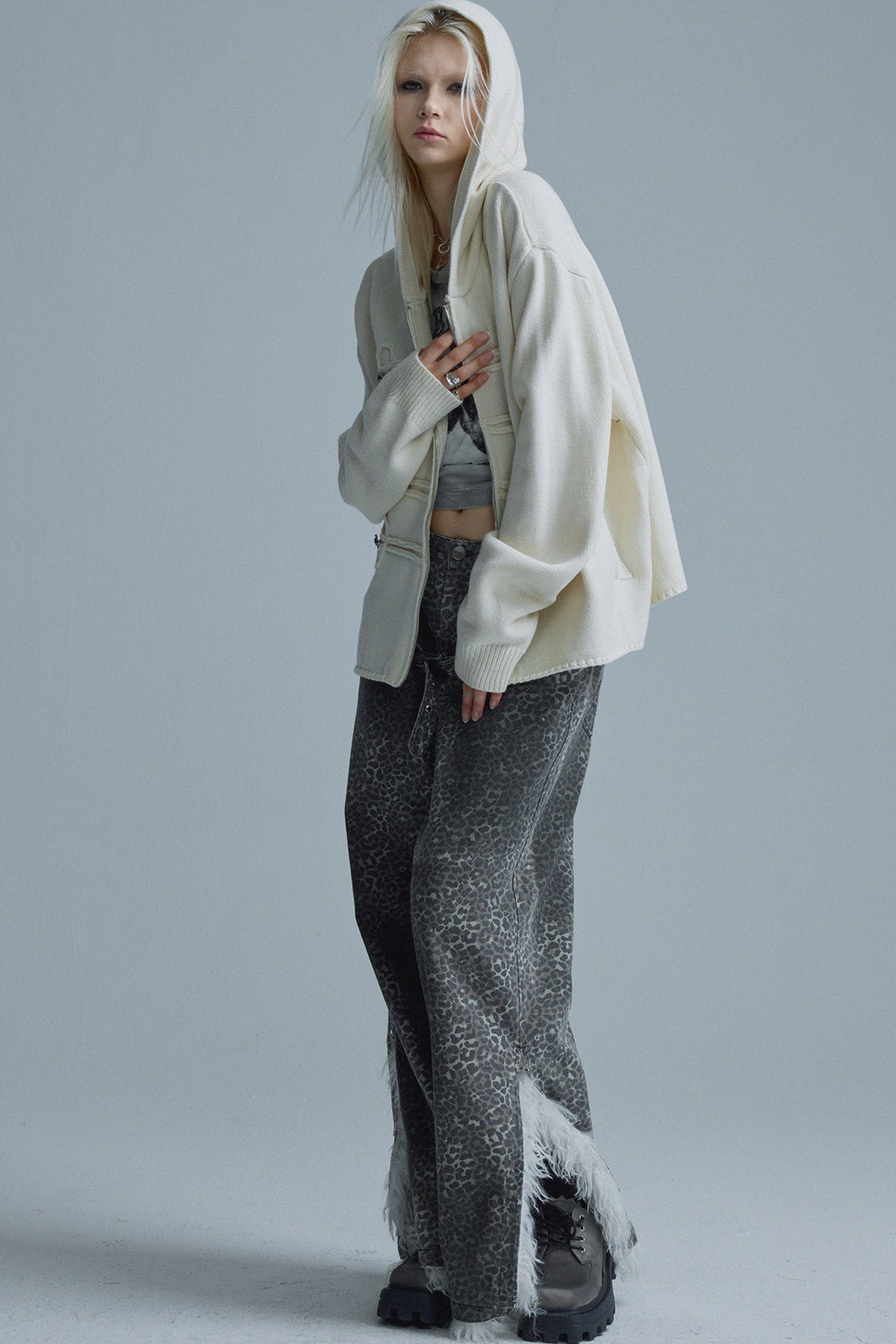 Chain Embroidery Hooded Knit Cardigan