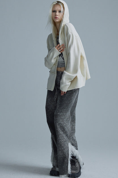 Chain Embroidery Hooded Knit Cardigan