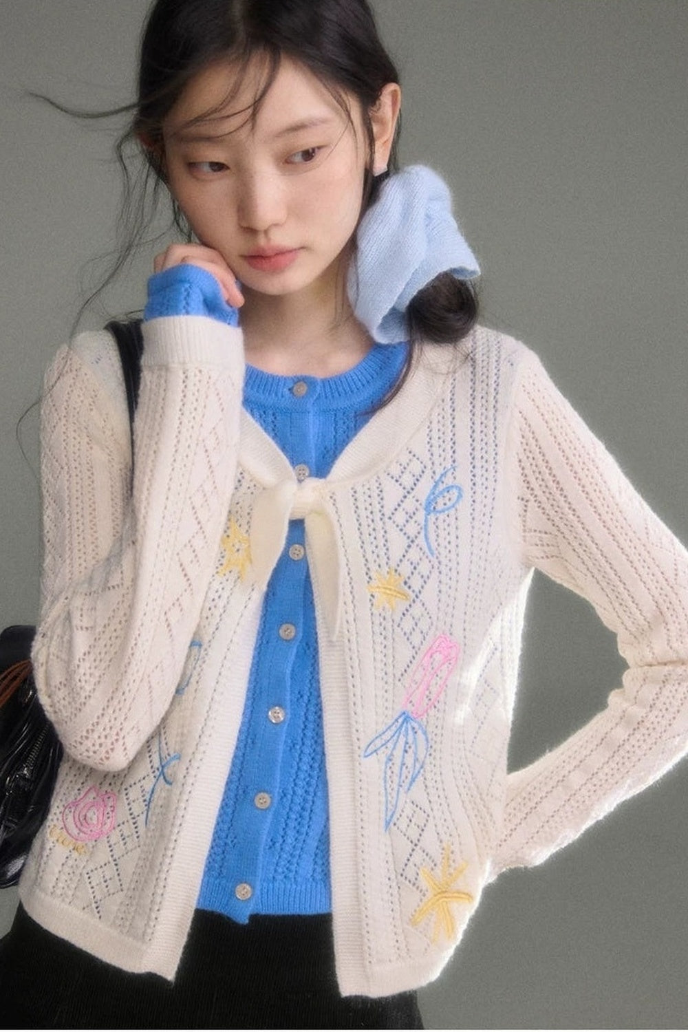 Two-Piece Wool-Blend Tulip Embroidery Knit Cardigan And Skirt Set-Up