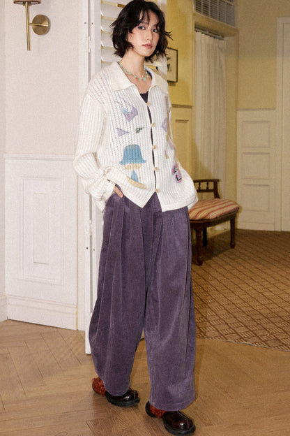 Perforated Long-Sleeved Vertical Stripe Printed Knit Set-Up