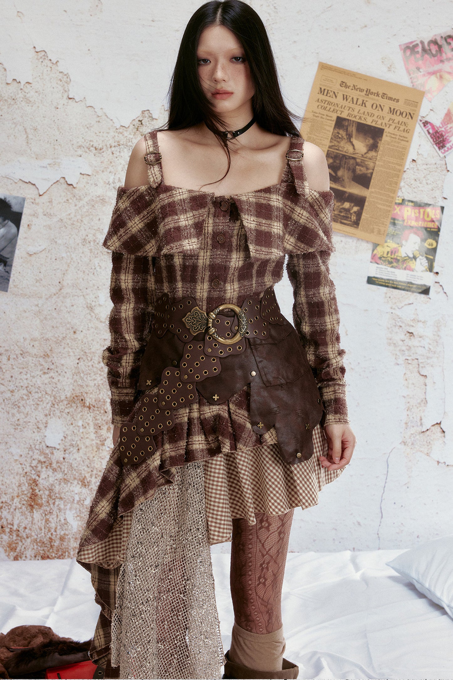 Off-Shoulder Plaid Ruffle Dress