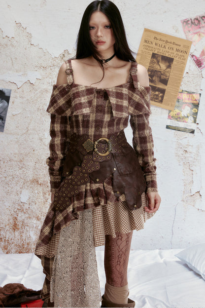Off-Shoulder Plaid Ruffle Dress