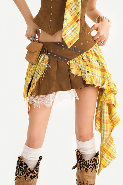 Retro Plaid Shirt and Pleated Skirt Set