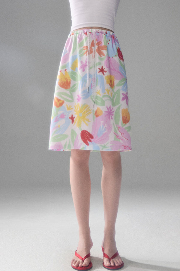Hand-Painted Bird And Flower Print Skirt