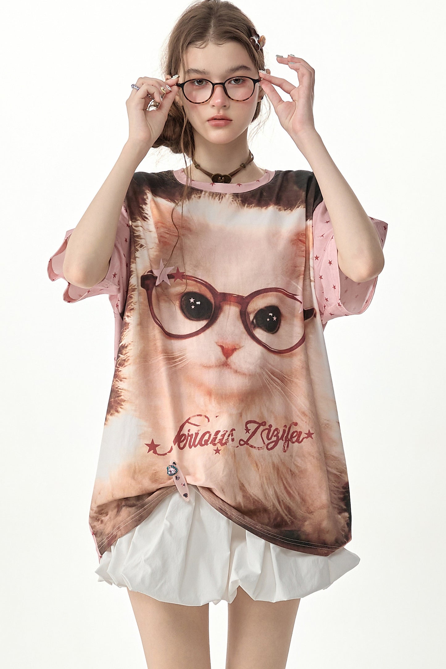 Lockeres T-Shirt mit Rundhalsausschnitt und pinkem Stern-Katzenprint