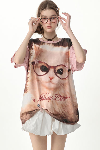 Lockeres T-Shirt mit Rundhalsausschnitt und pinkem Stern-Katzenprint