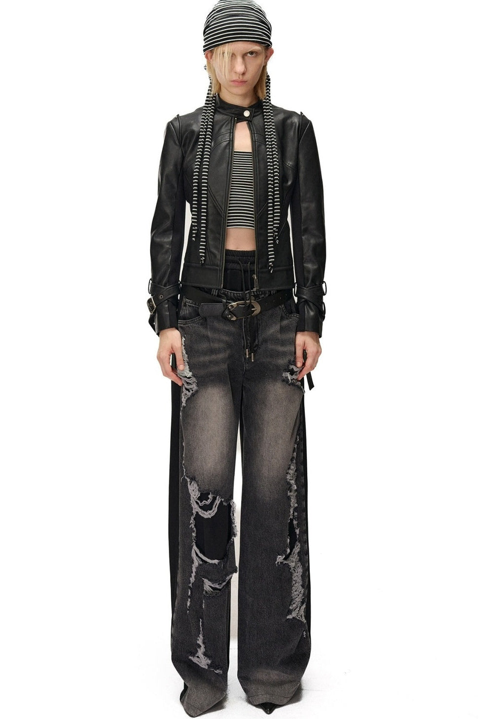 Slim-Fitting Functional Spliced PU Leather Jacket