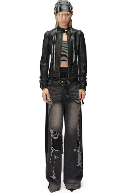 Slim-Fitting Functional Spliced PU Leather Jacket