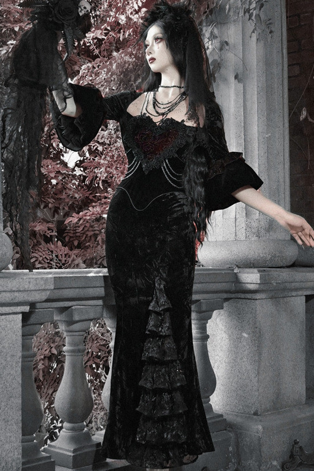 Burgundy Velvet Strapless Fishtail Dress Set-Up