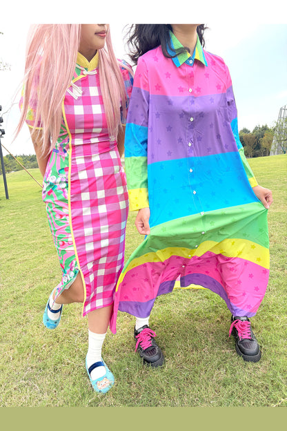 Y2K Patchwork Checkered Cheongsam Dress