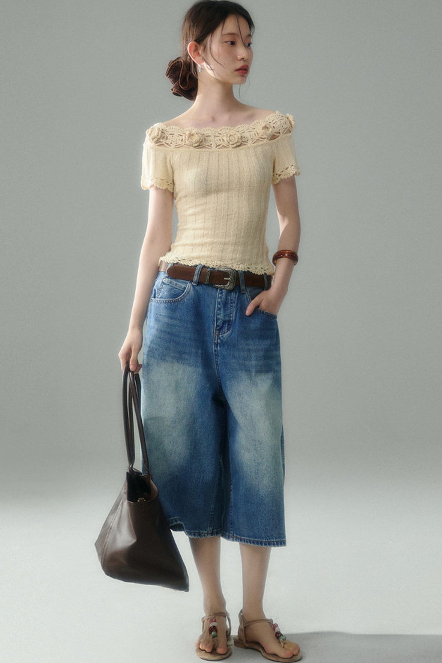 Handmade Crochet Camellia Off-Shoulder Knit Top
