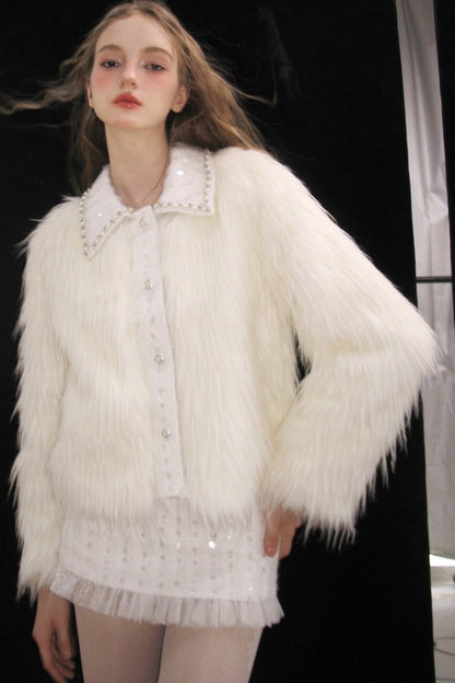 Snow Mountain Silver-White Long-Haired Fur Coat and Skirt Set-Up