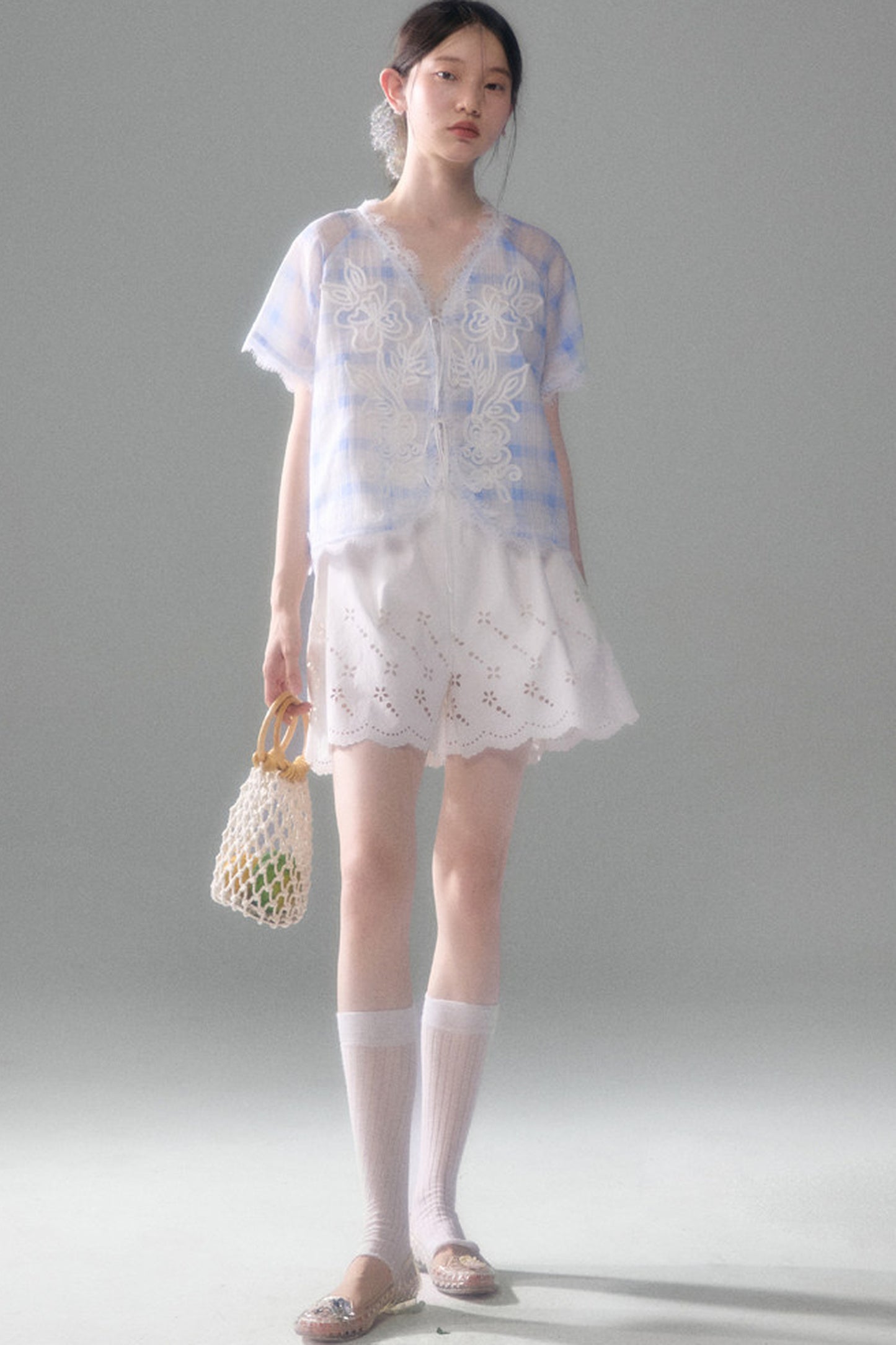 Blue White Checkered Lace Tencel Top Skirt Set-Up