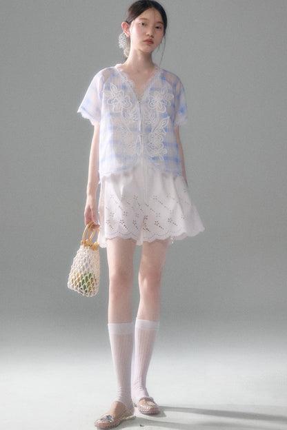 Blue White Checkered Lace Tencel Top Skirt Set-Up