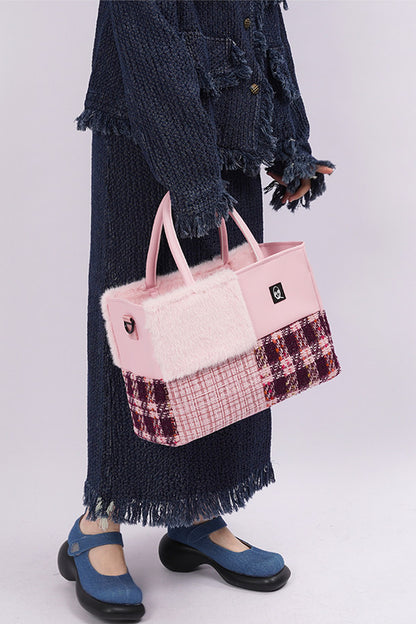 Furry Color-Block Tote Bag