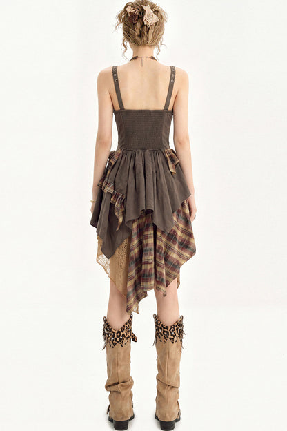 Plaid Tie Waist Irregular Dress
