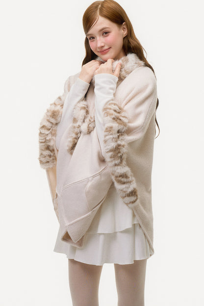 Leopard Print Fur Spliced Wool Cape