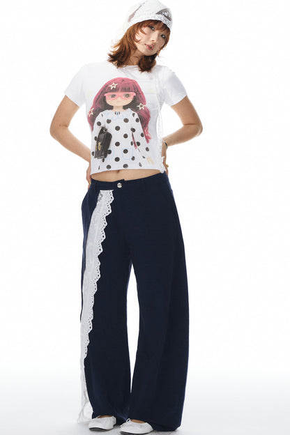 Navy Lace Trim Pants