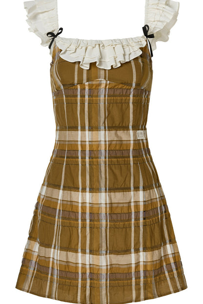 Brown Plaid Ruffle Camisole Dress