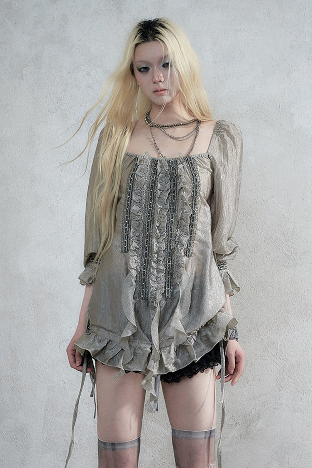 Ruffle Ribbon Puff Sleeve Blouse