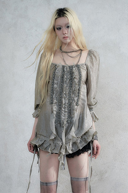 Ruffle Ribbon Puff Sleeve Blouse