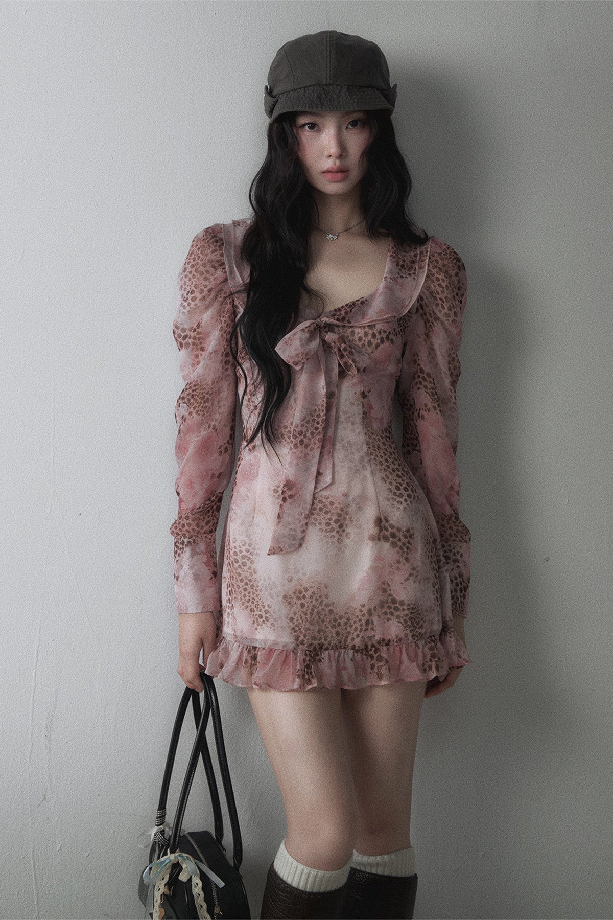 Pink Leopard Print Chiffon Bow Tie Dress