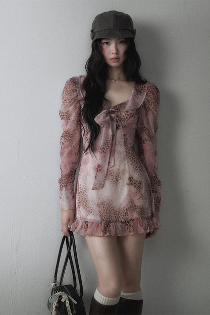 Pink Leopard Print Chiffon Bow Tie Dress