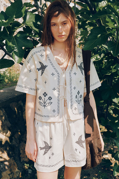 Bird Embroidered Cotton Linen Cardigan And Shorts Set-Up