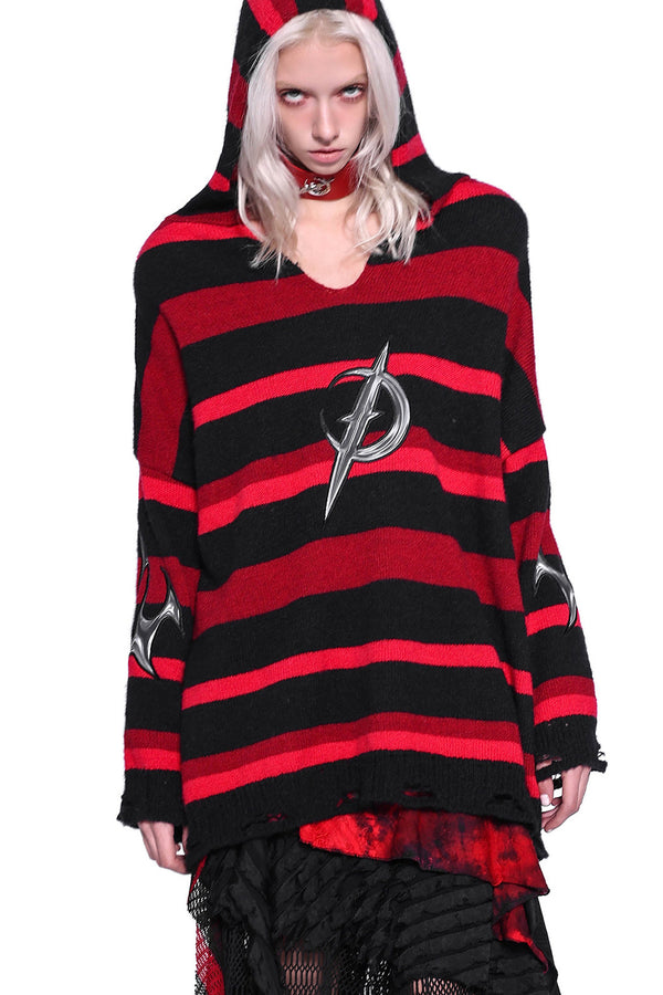 Red Black Striped Embroidered Hoodie