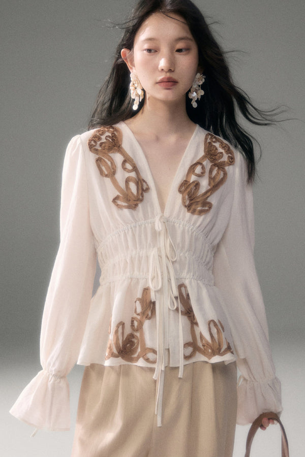 3D Tulip Floral Tencel Linen Blouse