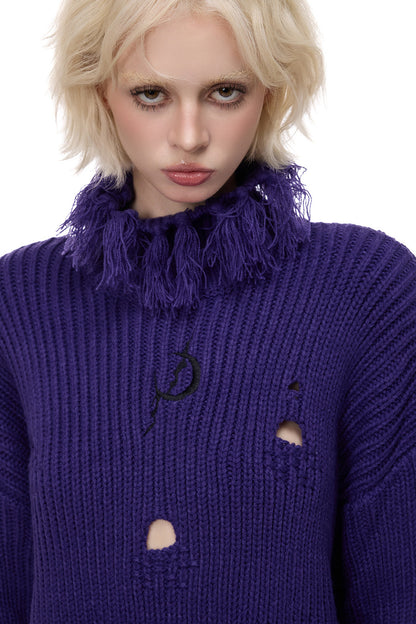 Tassel Turtleneck Ripped Oversized Sweater
