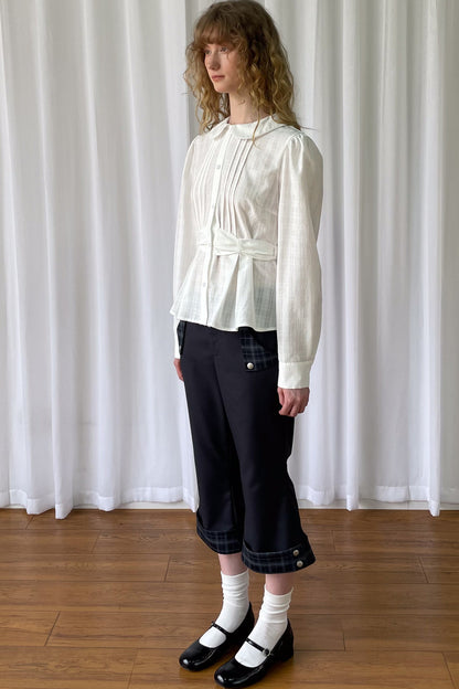 Low-Waisted Plaid Straight-Leg Buttoned Rolled Hem Pants