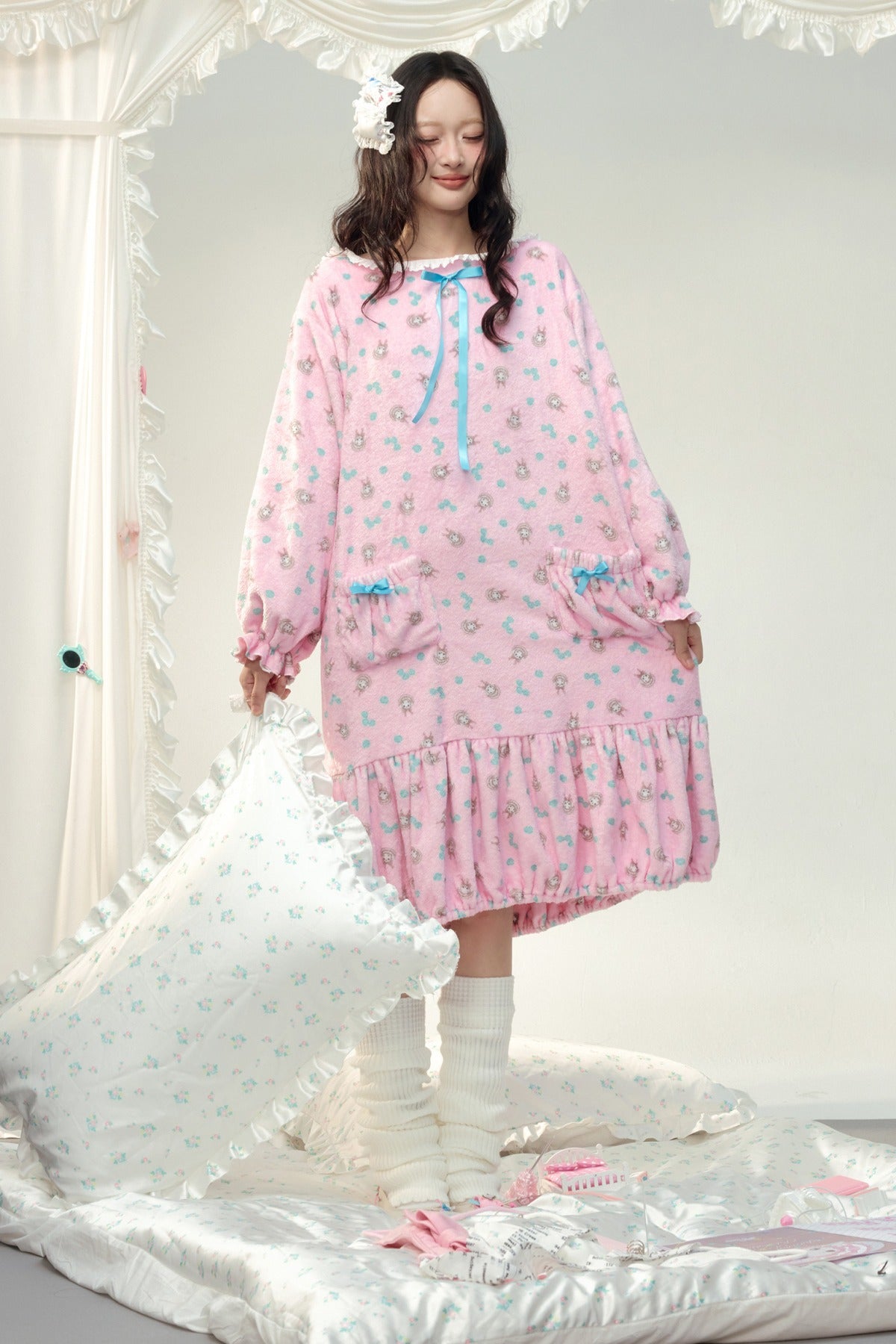 Pink Floral Flannel Ruffled Hooded Robe