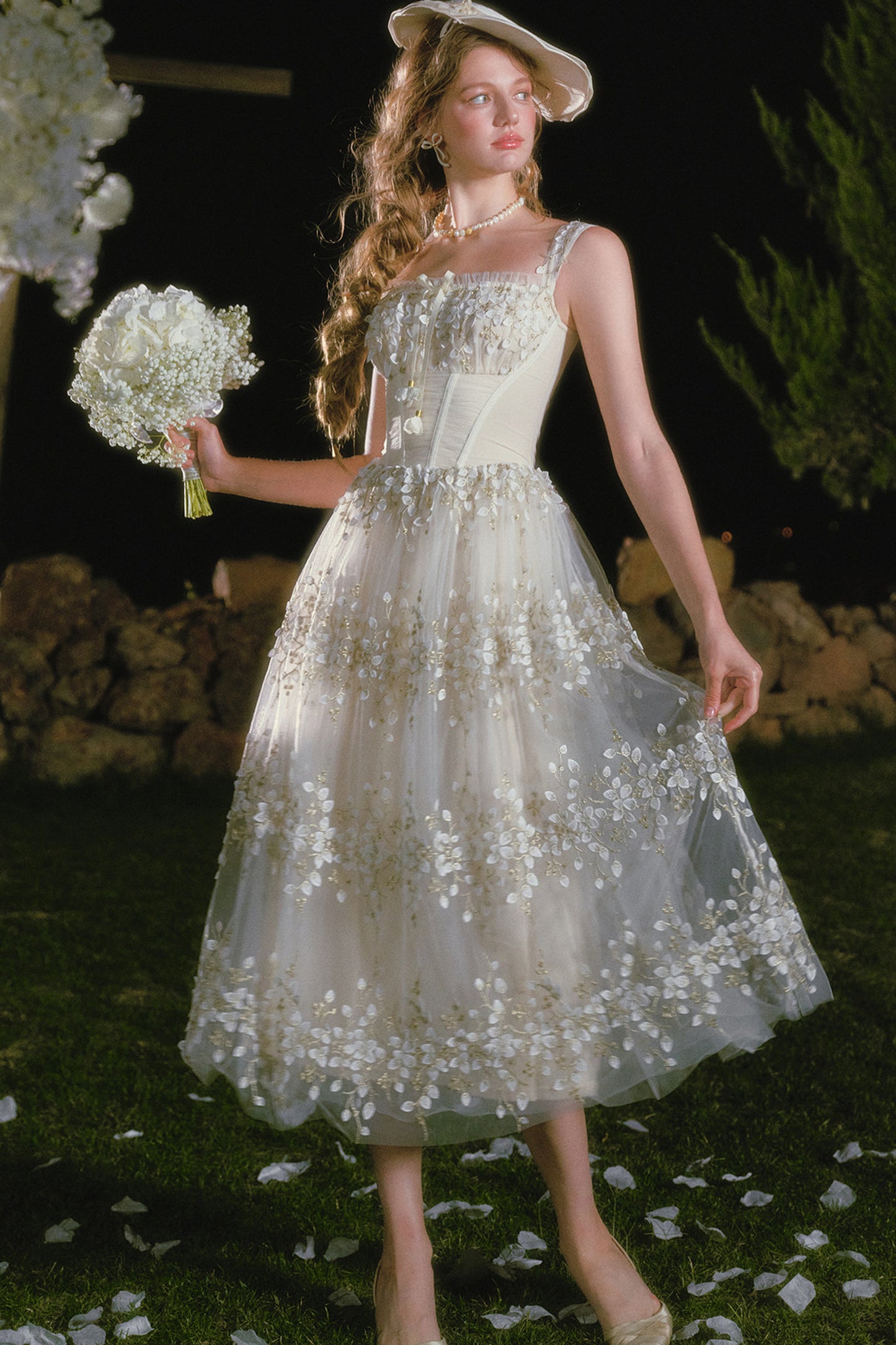 Embroidery Fishbone Strap Long Dress