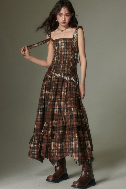 Retro Adjustable Plaid Dress