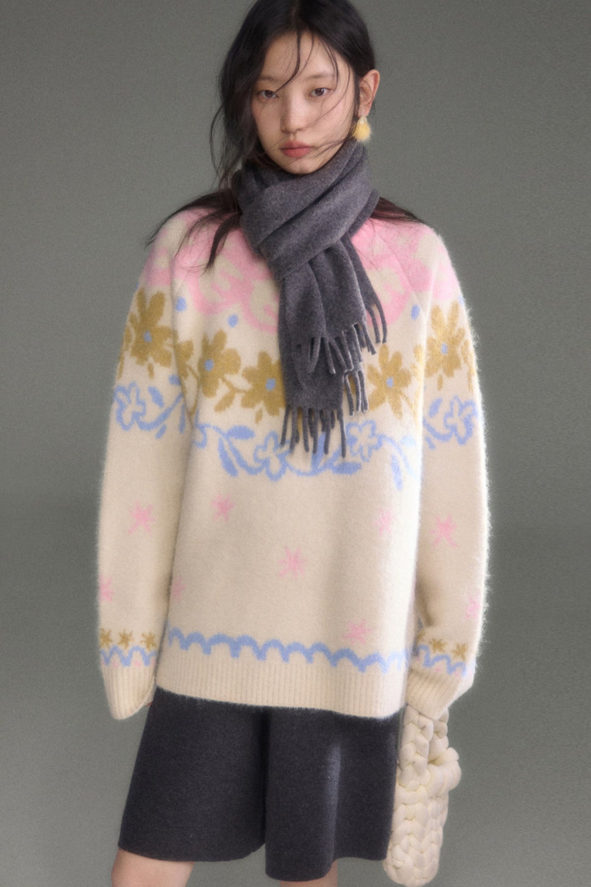 Retro Fair Isle Floral Jacquard Wool Sweater