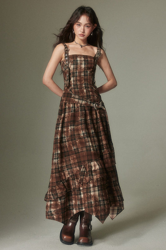 Retro Adjustable Plaid Dress
