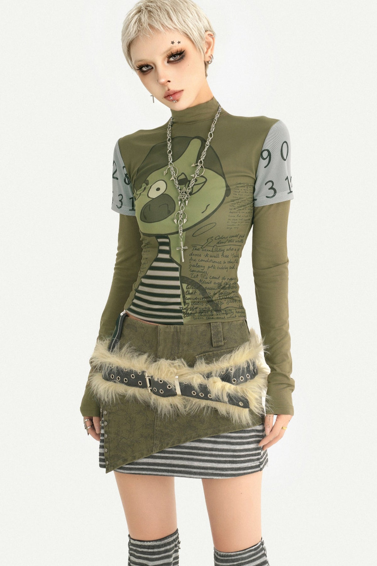 Printed Green Long-Sleeve Top and Skirt Set-Up