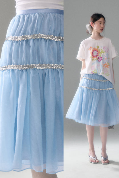 Pearlescent Mesh Sequin A-Line Skirt